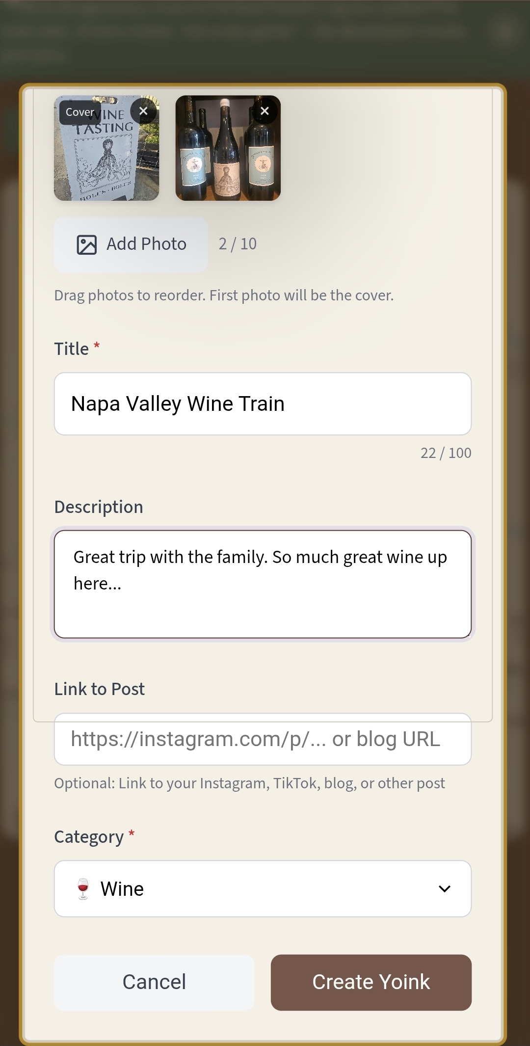 Yoink creation screen with photo and auto-filled location